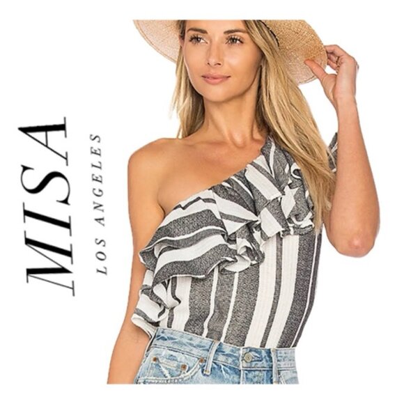 MISA LOS ANGELES TOP GRAY WHITE KLEA STRIPES RUFFLES ONE SHOULDER CHIC Sz S - Picture 1 of 10